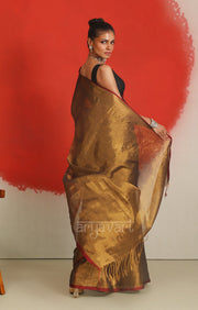 Dark Gold Tissue Cotton saree With A Thin Red Border