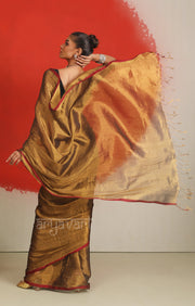 Dark Gold Tissue Cotton saree With A Thin Red Border