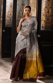 Pecan Brown & Silver Grey Silk Chanderi Saree with a Stunning Mustard Pallu