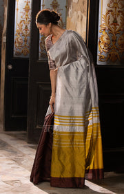 Pecan Brown & Silver Grey Silk Chanderi Saree with a Stunning Mustard Pallu