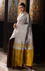 Pecan Brown & Silver Grey Silk Chanderi Saree with a Stunning Mustard Pallu