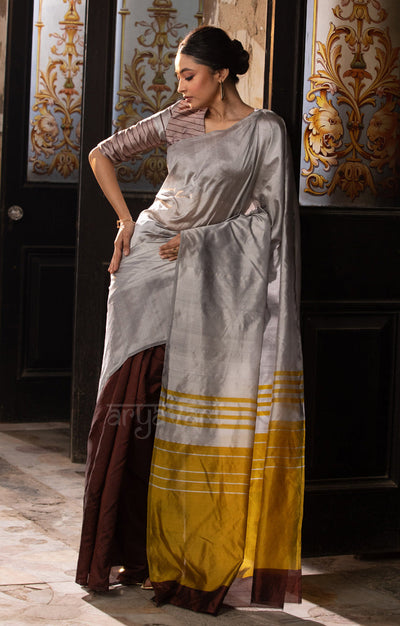 Pecan Brown & Silver Grey Silk Chanderi Saree with a Stunning Mustard Pallu