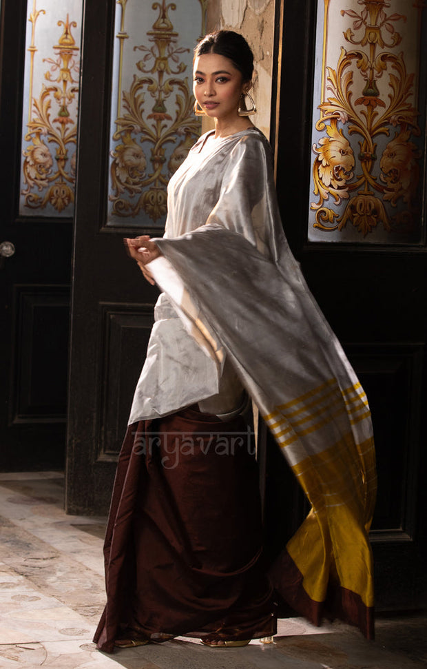 Pecan Brown & Silver Grey Silk Chanderi Saree with a Stunning Mustard Pallu