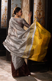 Pecan Brown & Silver Grey Silk Chanderi Saree with a Stunning Mustard Pallu