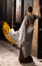 Pecan Brown & Silver Grey Silk Chanderi Saree with a Stunning Mustard Pallu