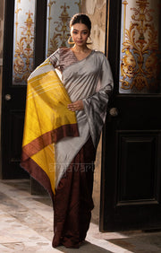 Pecan Brown & Silver Grey Silk Chanderi Saree with a Stunning Mustard Pallu