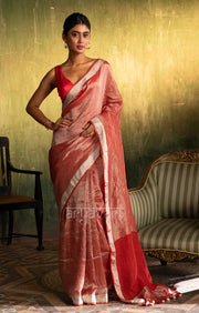 Red & Silver Tissue Linen Saree