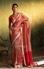 Red & Silver Tissue Linen Saree