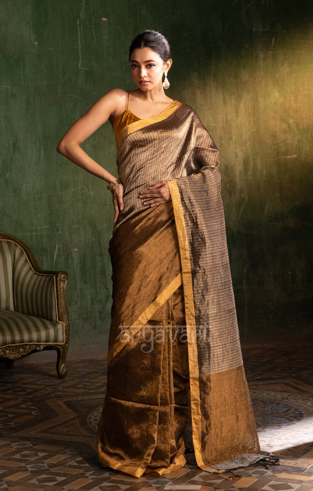 Stunning Gold Tissue Linen Saree With Striped Pallu