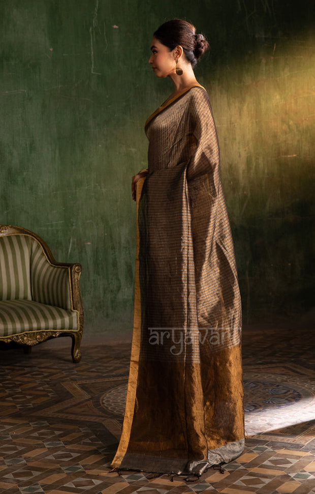 Stunning Gold Tissue Linen Saree With Striped Pallu