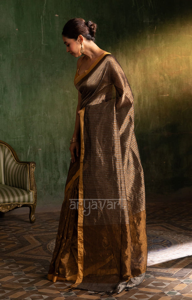 Stunning Gold Tissue Linen Saree With Striped Pallu
