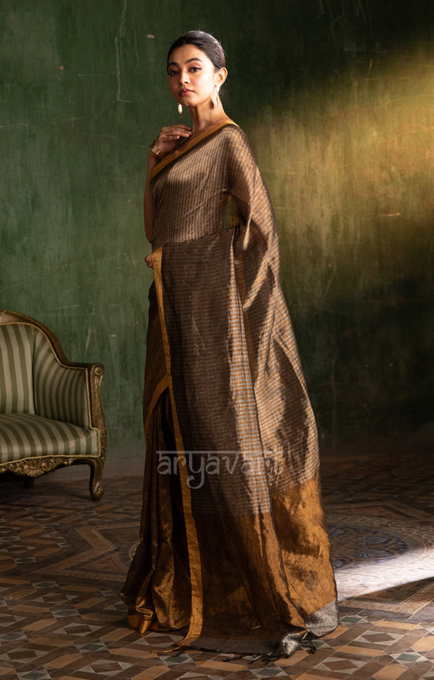 Stunning Gold Tissue Linen Saree With Striped Pallu