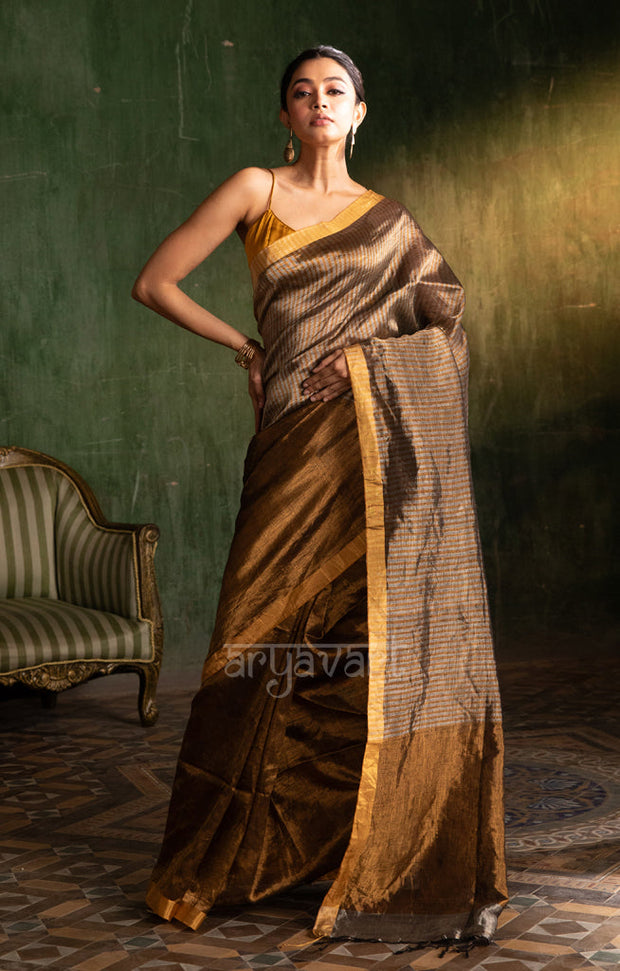 Stunning Gold Tissue Linen Saree With Striped Pallu