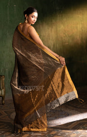 Stunning Gold Tissue Linen Saree With Striped Pallu