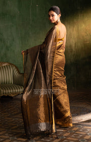 Stunning Gold Tissue Linen Saree With Striped Pallu