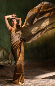 Stunning Gold Tissue Linen Saree With Striped Pallu