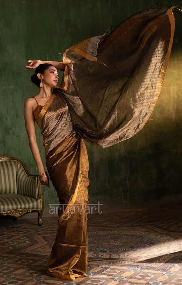 Stunning Gold Tissue Linen Saree With Striped Pallu