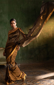 Stunning Gold Tissue Linen Saree With Striped Pallu