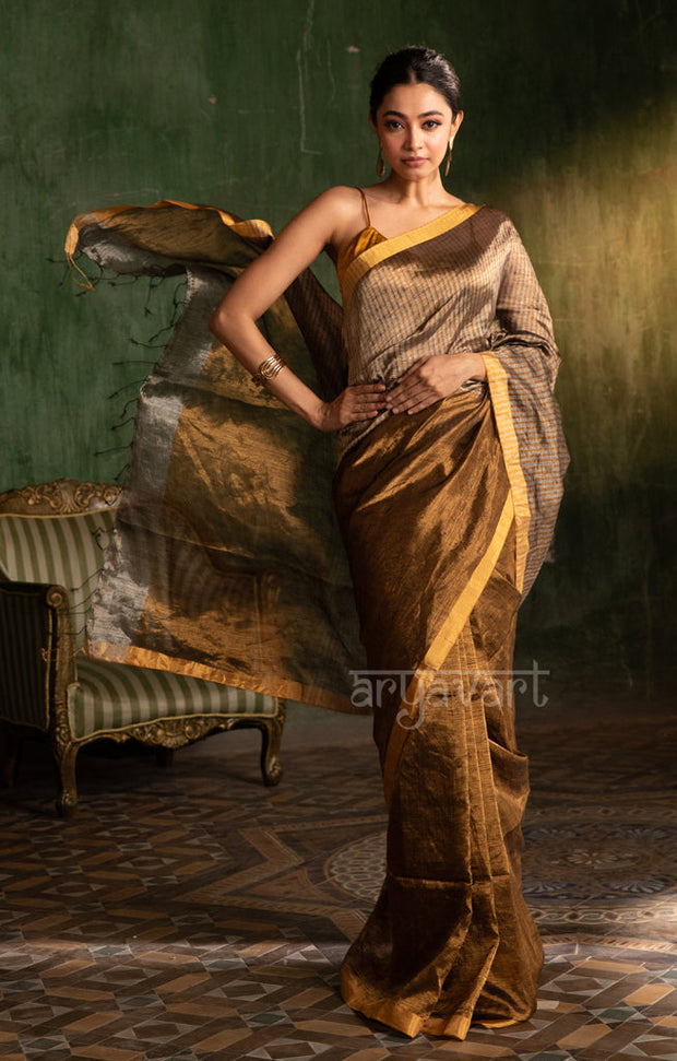 Stunning Gold Tissue Linen Saree With Striped Pallu