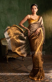Stunning Gold Tissue Linen Saree With Striped Pallu