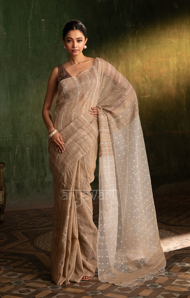 Almond Ghicha Silk Saree With Woven In Shell Sequence
