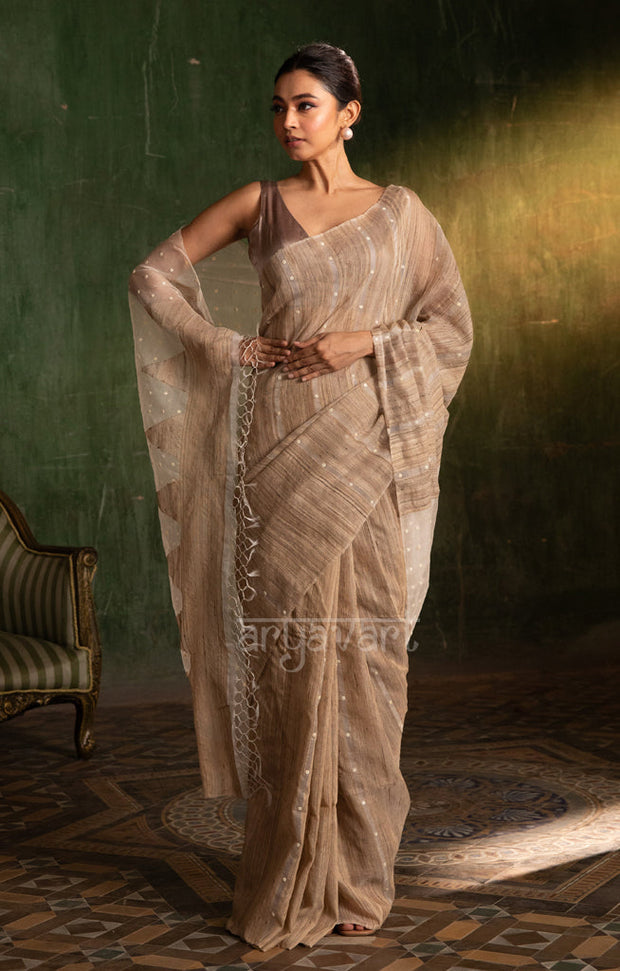 Almond Ghicha Silk Saree With Woven In Shell Sequence