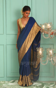 Midnight Blue Organic Textured Linen Saree With A Striking Gold Zari Border & Pallu