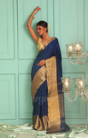 Midnight Blue Organic Textured Linen Saree With A Striking Gold Zari Border & Pallu