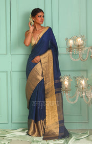 Midnight Blue Organic Textured Linen Saree With A Striking Gold Zari Border & Pallu