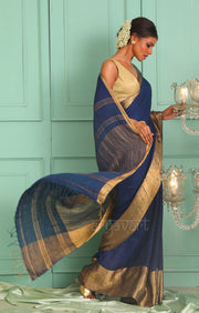 Midnight Blue Organic Textured Linen Saree With A Striking Gold Zari Border & Pallu