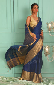 Midnight Blue Organic Textured Linen Saree With A Striking Gold Zari Border & Pallu