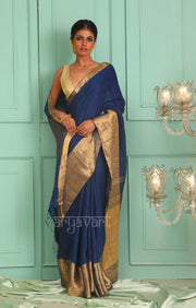 Midnight Blue Organic Textured Linen Saree With A Striking Gold Zari Border & Pallu