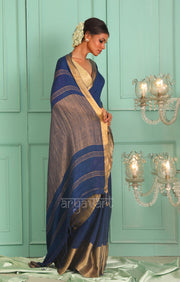Midnight Blue Organic Textured Linen Saree With A Striking Gold Zari Border & Pallu