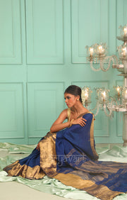 Midnight Blue Organic Textured Linen Saree With A Striking Gold Zari Border & Pallu