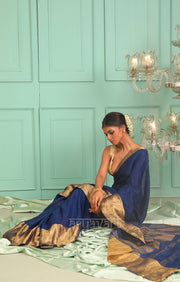 Midnight Blue Organic Textured Linen Saree With A Striking Gold Zari Border & Pallu