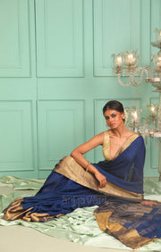 Midnight Blue Organic Textured Linen Saree With A Striking Gold Zari Border & Pallu