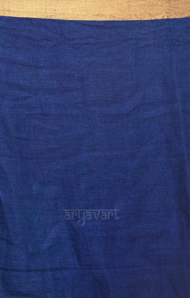 Midnight Blue Organic Textured Linen Saree With A Striking Gold Zari Border & Pallu