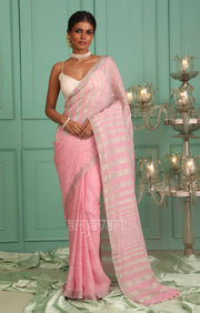 Pretty Pink Linen Saree with Silver Zari Stripes