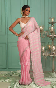 Pretty Pink Linen Saree with Silver Zari Stripes