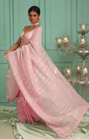 Pretty Pink Linen Saree with Silver Zari Stripes