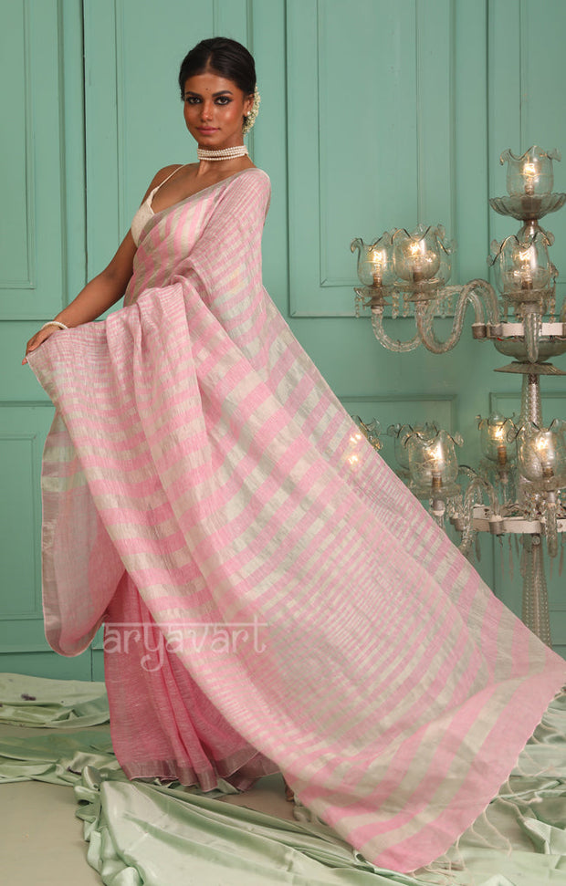 Pretty Pink Linen Saree with Silver Zari Stripes