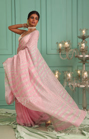 Pretty Pink Linen Saree with Silver Zari Stripes