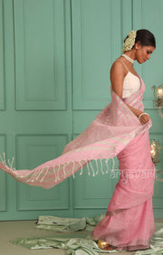 Pretty Pink Linen Saree with Silver Zari Stripes