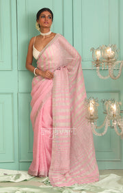 Pretty Pink Linen Saree with Silver Zari Stripes