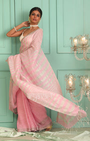 Pretty Pink Linen Saree with Silver Zari Stripes