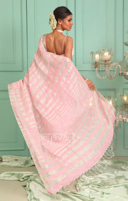 Pretty Pink Linen Saree with Silver Zari Stripes