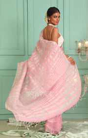 Pretty Pink Linen Saree with Silver Zari Stripes