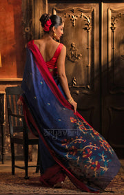 Royal Blue Linen Saree With Striking Woven Jamdani Design