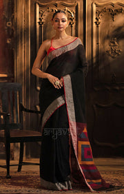Black Linen Saree With Geometric Woven Jamdani Design on Pallu