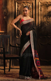 Black Linen Saree With Geometric Woven Jamdani Design on Pallu